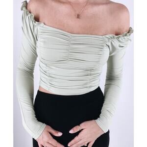 Women's Sweetheart Neck Frill Trim Ruched Long Sleeve Top Size XS